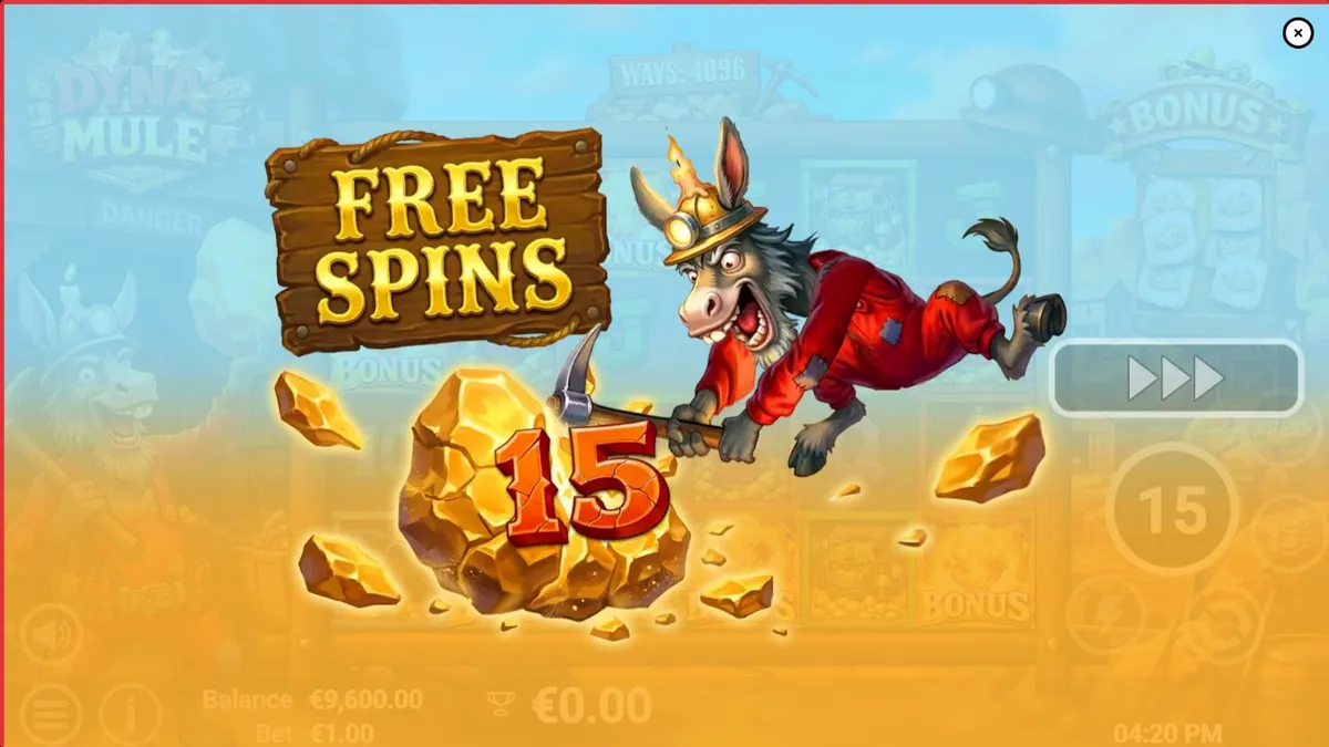 Tampilan visual slot Dyna Mule dengan latar belakang tambang industrial yang penuh dengan simbol mekanis dan dinamit.